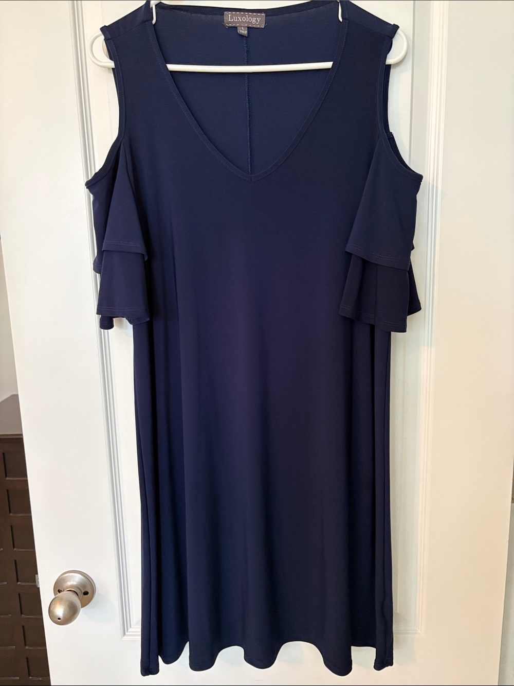 LUXOLOGY navy blue cold shoulder dress,  A-line